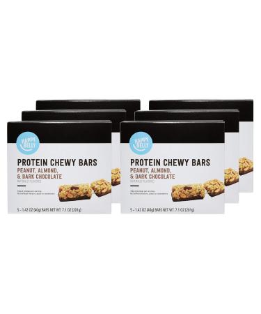 Amazon Brand - Happy Belly Protein Chewy Bars, Peanut, Almond and Dark Chocolate, 5 Count (Pack of 6)