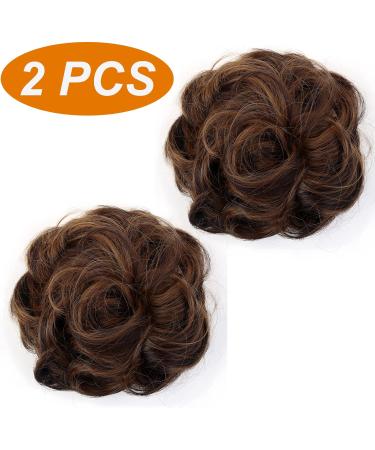 JJstar 2PCS Messy Bun Curly Fake Hair Buns Donut Tousled Updo High Heat Synthetic Fiber Scrunchies (Dark Brown/Golden) - Women/Girls Ponytail Extension - Buy Online on SooperMarket.com