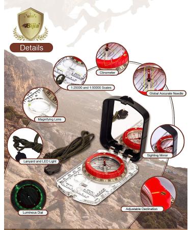 BIJIA Orienteering Map Compass -Sighting Mirror Compass with Adjustable Declination Clinometer and LED light for Hiking  Camping Orienteering Hunting Global Mountaineering Navigating and SAR training. - Buy Online on SooperMarket.com