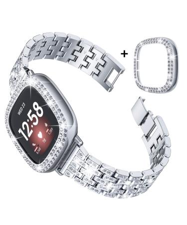Goton Compatible for Fitbit Versa 3 Band , Women Bling Diamond Brick Design Replacement Strap Bracelet & Bling Bumper Protective Case Compatible for Fitbit Sense / Versa3 (Silver)