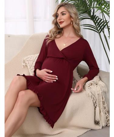 Bresdk Women's Maternity Nightdress | Long Sleeve Breastfeeding Nightgown Loungewear Pyjamas | Pregnant Red Nightwear - Buy Online on SooperMarket.com