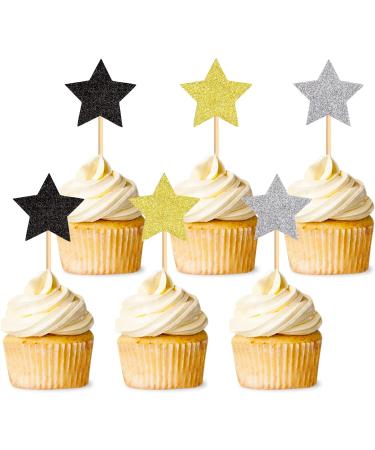 120 Pcs Star Cupcake Toppers Happy New Year Glitter Black Gold and Silver Star Cake Topper Picks Toothpick Toppers New Year Photo Props for New Year Party Supplies (Star) - Buy Online on SooperMarket.com