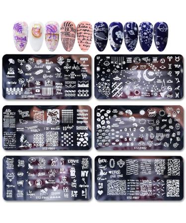 Mwoot 6Pcs Nail Art Image Stamping Plate Set Pretty Starry Sky Star Unicorn Cat love Leaves Lace Theme Manicure Print Tool Nail Template