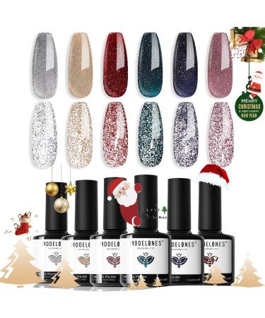 modelones Reflective Glitter Gel Nail Polish Set of 6 Colors Including Pink Red Silver Holographic Gel Polish Kit UV LED Soak Off Nail Polish Home DIY Manicure Nail Salon Varnish LAST DANCE 1.17 ml (Pack of 6)