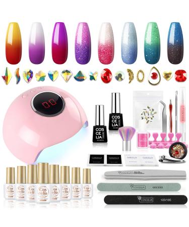 Gel Nail Polish Kit with UV Light 8 Color Changing Gel Polish 24W UV LED Nail Lamp No Wipe Gel Top Coat Base Coat Glitter Nail Art Manicure Nail Tools Starter Set Gift for Women 14