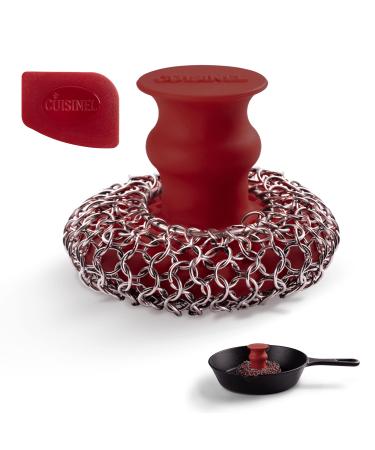 Cast Iron Chainmail Scrubber + Pan Scraper - Deluxe Ergonomic Stainless and Silicone Cleaner for Pots and Skillets - Food-Safe Design - Easy to Clean Dishwasher Safe Cookware Sponge Kitchen Accessory