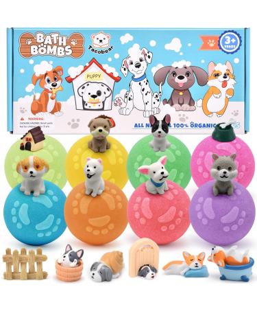 Puppy Bath Bombs Gift Set for Kids 8PCS Organic Natural Bath Bombs with Surprise Toys Inside Dog Stickers Bubble Bath Fizz Spa Birthday Gift for Women Boys Girls Dog Figurines Bath Toy