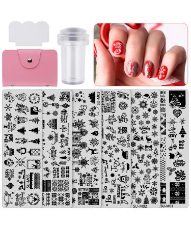 Ebanku 6PCs Nagel stamp template nail Stamping Plates Christmas tree snowflakes reindeer manicure nail art template with 1 stamp + 1 scraper + 1 storage bag
