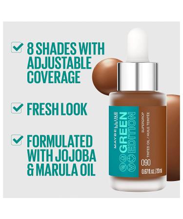 Maybelline Green Edition Superdrop Tinted Oil Makeup - Natural Coverage | 8 Shades, Jojoba & Marula Oil - 0.67 Fl Oz - Buy Online on SooperMarket.com