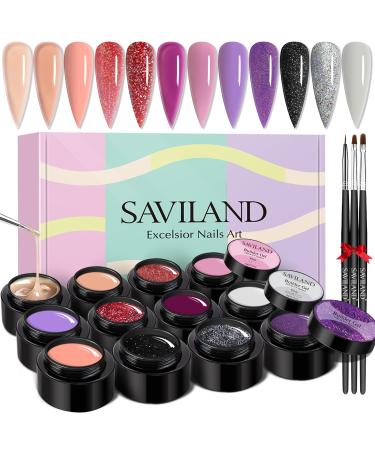 Saviland Builder Nail Gel Kit - 12 Colors Nail Extension Gel Glitter Hard Gel Nudes Pink Purple U V/LED Gels Nail Strengthen Nail Art Manicure Set with 3pcs Nail Brushes Nail Forms A-Glitter Series