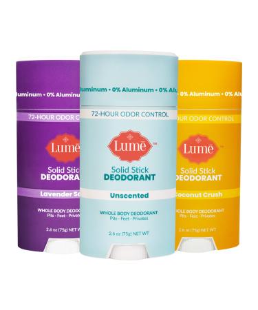 Lume Natural Solid Deodorant Stick - Whole Body Deodorant - Aluminum-Free, Baking Soda-Free, Hypoallergenic, Safe For Sensitive Skin - 2.6 Ounce Solid Stick, Three-Pack (Coconut Crush, Lavender Sage, Unscented)