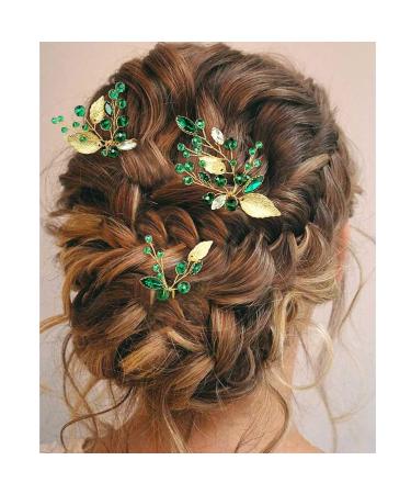 Emerald Green Rhinestone Gold Leaf Wedding Hair Pins - Pack of 3 | Bridal Hair Accessories for Women Girls - Buy Online on SooperMarket.com