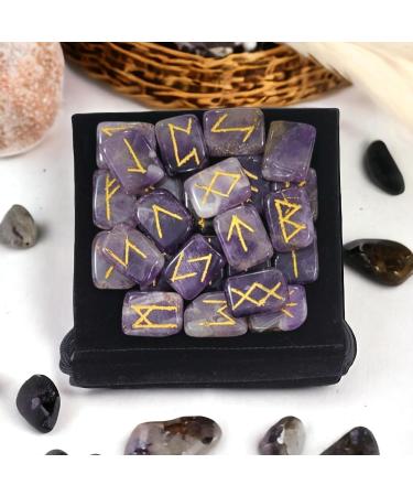 Amethyst Runes Crystal Rune Stones Set Elder futhark Viking Gemstone Reiki Healing Golden Engraved Runic Alphabets (Amethyst) - Buy Online on SooperMarket.com