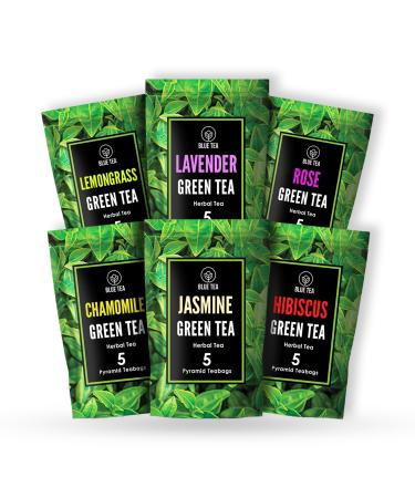 BLUE TEA - Green Tea Assorted Sampler Tea Pack (6 Flavors 30 Tea Bags) | Lemongrass Lavender Rose Chamomile Jasmine & Hibiscus | Gifts for Her & Him |