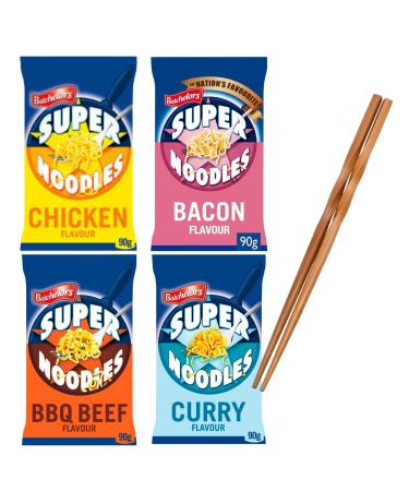 Bachelors Super Noodles Instant Snack Variety Pack: Bacon Chicken BBQ Beef and Curry Flavour 90g Each bundled with Reusable Bamboo Chopsticks