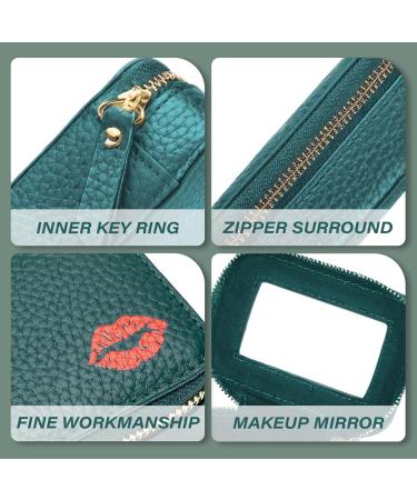 Small Makeup Bag with Mirror - Portable Lipstick Holder for Women | Red Lipstick Pattern & Dark Green Color - Holds 3 Lipsticks | Ideal Zippered Toiletry Bag for Travel - Buy Online on SooperMarket.com