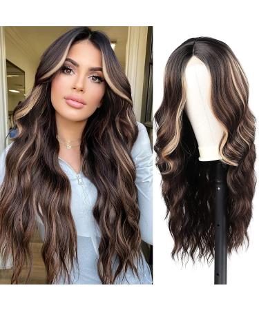 Long Brown Wavy Wig 24 Inch Highlight Wigs for Women Middle Part Curly Synthetic Hair Natural Looking Heat Resistant Fiber for Daily Party Use (Brown Mixed Blonde)