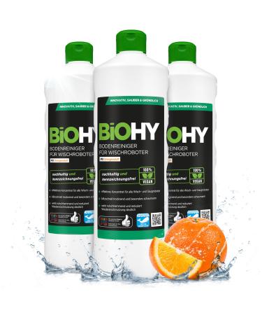 Biohy floor cleaner for wiping robot with orange scent (3 x 1 liter) |Cleaning agent concentrate for all wiping robots |Foam arm & strip -free |Sustainable 1: 200 concentrate sunny orange 1 l (3 pack)