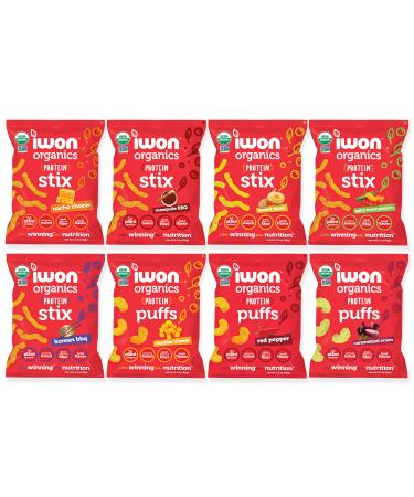 IWON Organics, Variety Pack of 8 Tasty Snacks, Protein Puffs and Snack Stix, High Protein and Organic Healthy Snacks, 8 Flavors, 8 Bags, 1.5 Ounce