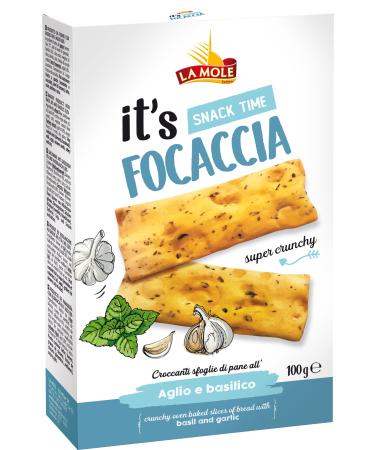 La Mole Garlic and Basil Focaccia Oven Baked Bread Slices Best Served with Meats Soft Cheeses & Olives or Partnered with Dips and Soups 100g Bag Garlic & Basil
