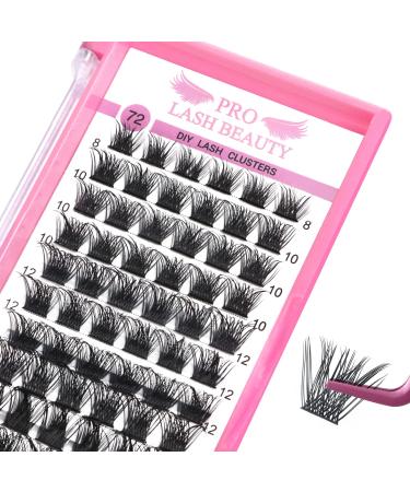 Lash Clusters 72 Pcs Individual Cluster Lashes DIY Lash Extension 8-16mm Eyelash Clusters Volume Wispy Lashes Super Thin Band Reusable Soft & Comfortable 8-16 mix Volume
