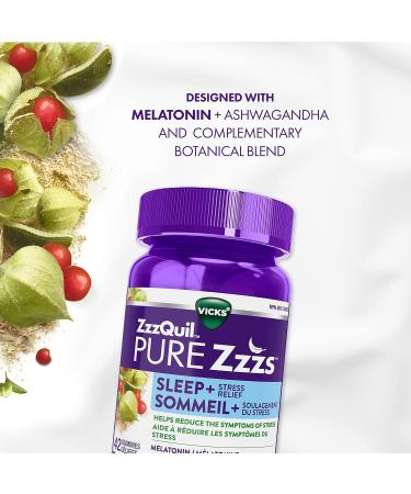 Vicks ZzzQuil PURE Zzzs Stress Relief Melatonin Sleep Aid Gummies for Adults Ashwagandha Helps Reduce the Symptoms of Stress 1 mg per gummy 42 Count 42ct Gummies - Buy Online on SooperMarket.com
