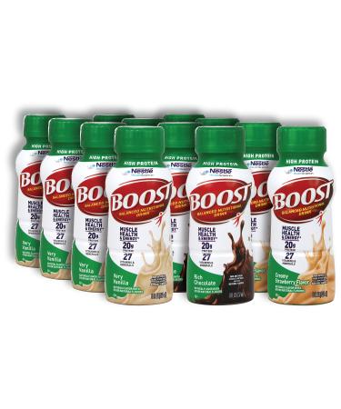 Boost Balanced Nutritional Shake Variety | High Protein | Boost Rich Chocolate Boost Creamy Strawberry and Boost Very Vanilla Flavors | 12 Pack | Niro Assortment | Included one Niro beverage sleeve 8 Fl Oz (Pack of 12)