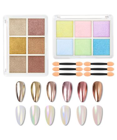 Firtink 2 Packs Chrome Nail Powder 12 Colors Shiny Nail Art Pigment Powder Nail Glitter Powder Set DIY Nail Decoration Holo Dust Powder