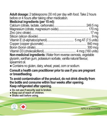 Liquid Calcium Magnesium Formula with Vitamin D Vitamin E and Zinc - Maintain Healthy and Stronger Bones - 500ml - Vanilla Spearmint Flavor - Non-GMO Gluten Free Sugar Free - Made in Canada - Buy Online on SooperMarket.com