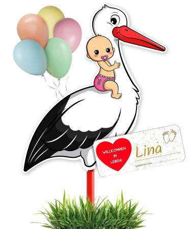 Gl cksgut rattierorch baby pink 100 cm |5-part set |Birth stork including wooden stick + name tag + greeting card + pen |Storch birth for outside & inside |Birth gift rattle stork with baby girl
