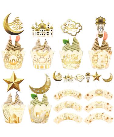 Lets Joy Pack of 12 Eid Mubarak Toppers 12 Pieces Ramadan Cake Decoration Wrappers Ramadan Kareem Topper Cupcake Glitter Muslim Islam Cupcake Eid Mubarak Cake Party Decoration