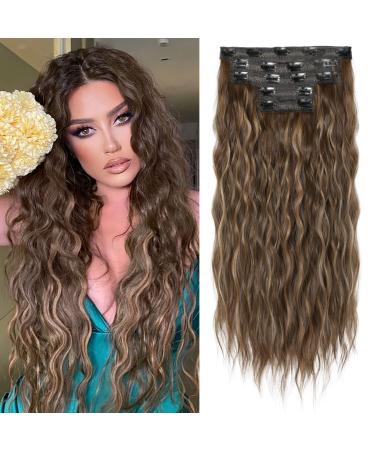 Clip in Hair Extensions REECHO 5PCS Hair Extensions 24" Thick Long Loose Waves hair extensions HE002 Invisible Lace Weft Natural Soft Hairpieces for Women C Chocolate Brown with Blonde Highlights
