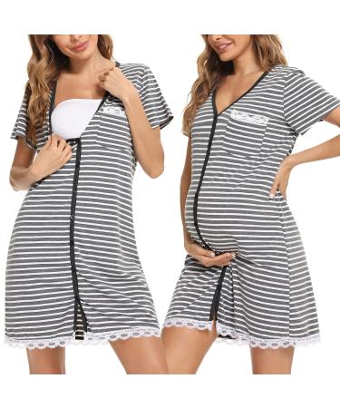 Uniexcosm Maternity Nursing Nightdress Women's Short Sleeve Nightwear Soft Button Down Nightgown Stripe Sleepwear Maternity Pyjamas Nightshirt Grey XXL