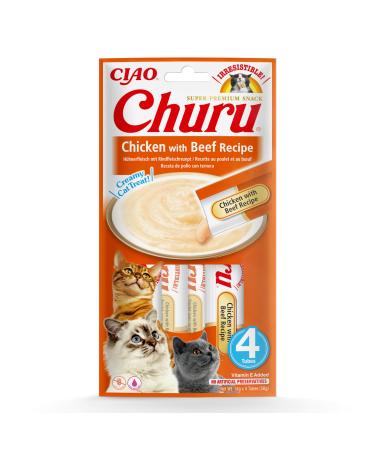 Inaba Churu Puree Katzensnacks - Cat paste to feed from the hand - cat sticks with tuna & beef - 4 sticks x 14 g chicken & beef 4 pieces (1 Pack)