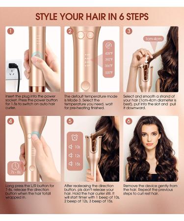 Professional Automatic Hair Curler with Anti-Tangle Technology - Large Slot, 4 Temperature Settings, 3 Timer Options - Dual Voltage Rotating Curling Iron in Champagne - Buy Online on SooperMarket.com