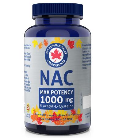Orthomolecular Laboratories - NAC Supplement N-Acetyl-L-Cysteine 1000mg 125 Tablets Max Potency - Liver Health Lung Health and Respiratory Supplements - N-Acetyl Cysteine NAC Glutathione Supplement