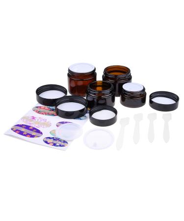 Kare & Kind Refillable Cosmetics Jars Kit - 4x Cosmetics Jars (Amber Glass) 4x Lids 4x Inner Covers 39x Labels + 4x Mini Spatula for Easy Filling - For Creams Essential Oils Powders etc.