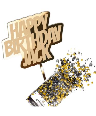 Cakeshop Cake Decoration Pack | Happy Birthday Premium 3mm Mirror Acrylic Plastic Cake Topper Sign & 25g Party Pack of Cake Sugar Sprinkles | Custom Name Cake Decorations (Gold) Non-Prime Mirror Acrylic: Gold