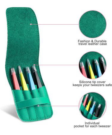 Tweezers Set with Leather Case - 4Pcs Professional Stainless Steel Eyebrow Tweezers for Women - Precision Tweezers for Ingrown Hair, Splinter Removal - Ideal for Facial Hair - Multi-Color - Buy Online on SooperMarket.com