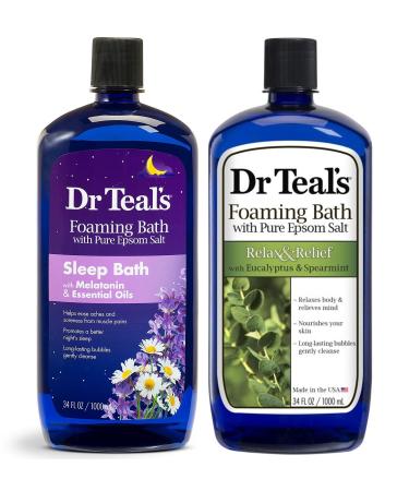 Dr Teal's Foaming Bath Variety Gift Set (2 Pack 34oz Ea.) - Relax & Relief Eucalyptus & Spearmint Melatonin Sleep Bath - Essential Oils Blended with Pure Epsom Salt Eases Aches & Aids in Sleep