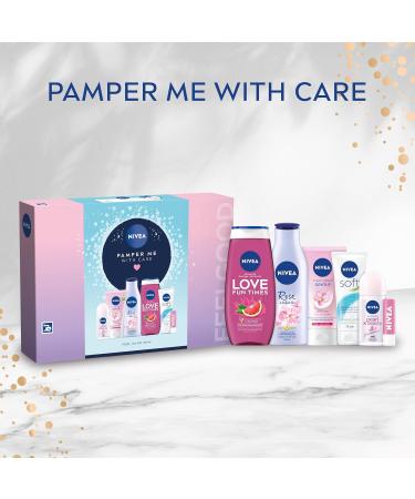 NIVEA Pamper Me With Care Gift Set (6 Products) Women's Gift Set with Shower Gel Moisturising Cream Body Lotion Lip Balm Anti-Perspirant Roll-On and Cream Wash - Buy Online on SooperMarket.com