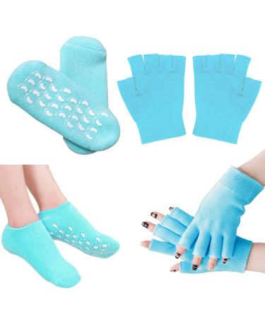 Gel socks women with elastic anti-slip cotton gel hand-spa moisturizing gloves blue 1 pair of socks + 1 pair of gloves (EU size 35-43.5)