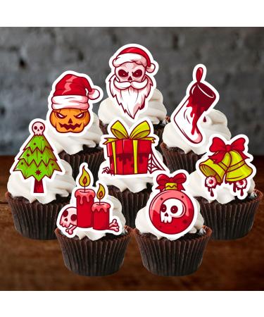 PRECUT Spooky Christmas Cupcake Toppers Edible Spooky Christmas Cake Decorations Spooky Christmas Decorations Spooky Christmas Cake Topper (12)