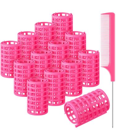 12 Pieces Hair Roller Large Size Plastic Hair Rollers Hair Curlers with Steel Pintail Comb Rat Tail Comb for Short Hair Long Hair Hairdressing Styling Tools (Pink 6.8 x 3.6 cm) 2.6x1.4 Inch (Pack of 12) Pink