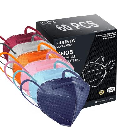 HUHETA KN95 Face Mask 60 Pack 5-Ply Breathable & Comfortable Safety Mask Filter Efficiency 95% Protective Cup Dust Masks Against PM2.5 - Individually Wrapped (Multicolored Mask)