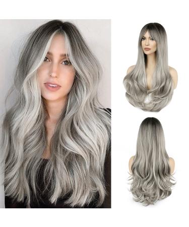 Faelbaty wig with long curls silver -gray wig with pony ombre brown to gray wig with long curls wig for women natural wig natural wig for girls party cosplay wig (24 "Rh6/171/gray) Rh6/171/gray#