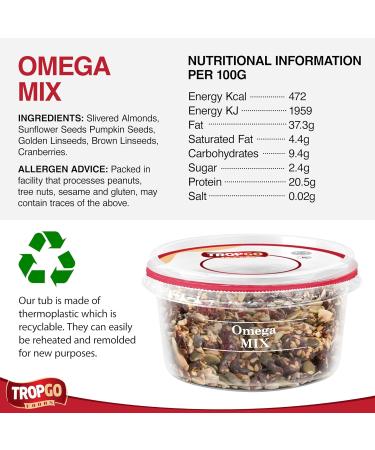 Tropgo Omega Mix 200g - Premium Nuts Seeds and Dried Fruit in Resealable and Recyclable Tub - Contains Fibre Protein and Essential Minerals - Wholesome Trail Mix - Healthy Snacks for All Ages - Buy Online on SooperMarket.com
