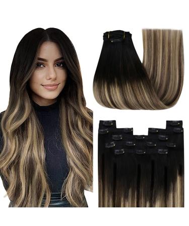 Youngsee real hair Extensions clip balayage 35cm clip in extensions real hair black ombre brown blonde clip in hair recovery real hair clip extensions real hair clip in hair remy 120g #1b/4/27 35 cm (7Pcs) 1-clip-4- #1b/4/27