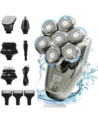 Head Shaver for Men Upgraded 7D Rotary Head Shaver for Bald Men IPX7 Waterproof Wet/Dry Electric Razor with LED Display Rechargeable&Detachable Beard Grooming Kit Type-C Charge for Home Travel