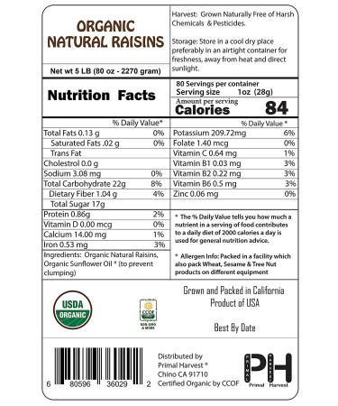 Organic California Thompson Raisins - No Added Sugar, Non GMO, Vegan, Raw, Pesticide-Free, Unsulfured Bulk 2LB Pack - Buy Online on SooperMarket.com